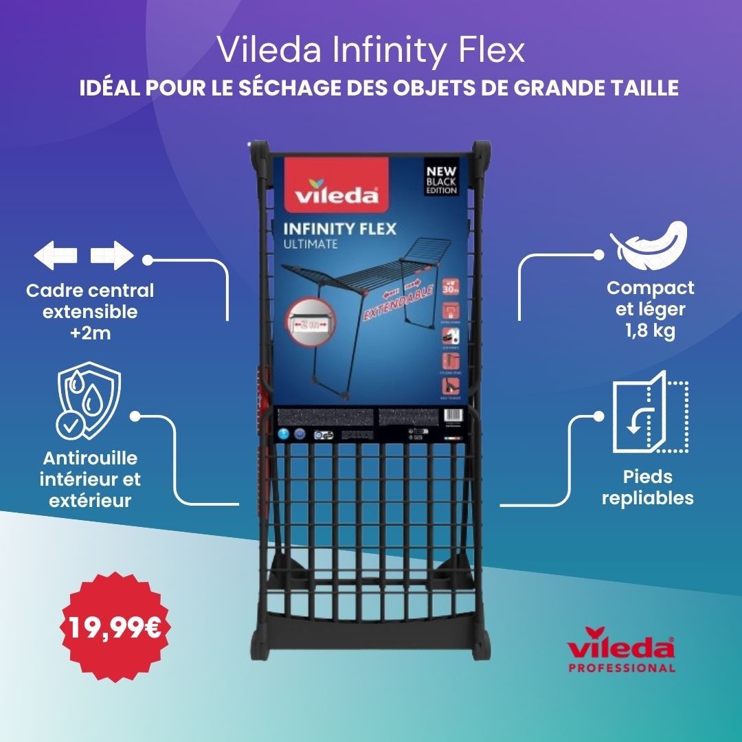 Vileda Infinity Flex Noir ® Étendoir à linge intérieur - Cordes XXL de plus de 2 mètres, stable et robuste, transport pratique