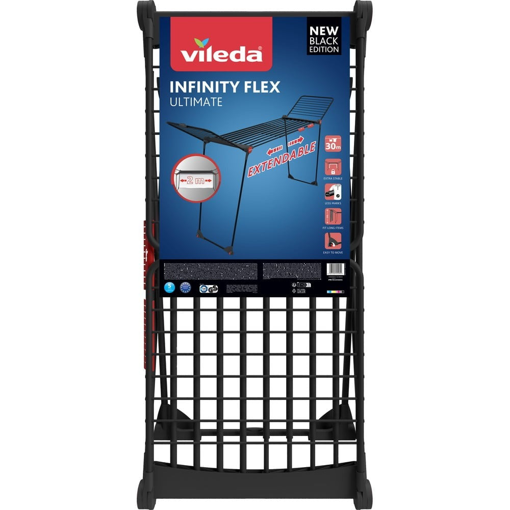 Vileda Infinity Flex Noir ® Étendoir à linge intérieur - Cordes XXL de plus de 2 mètres, stable et robuste, transport pratique