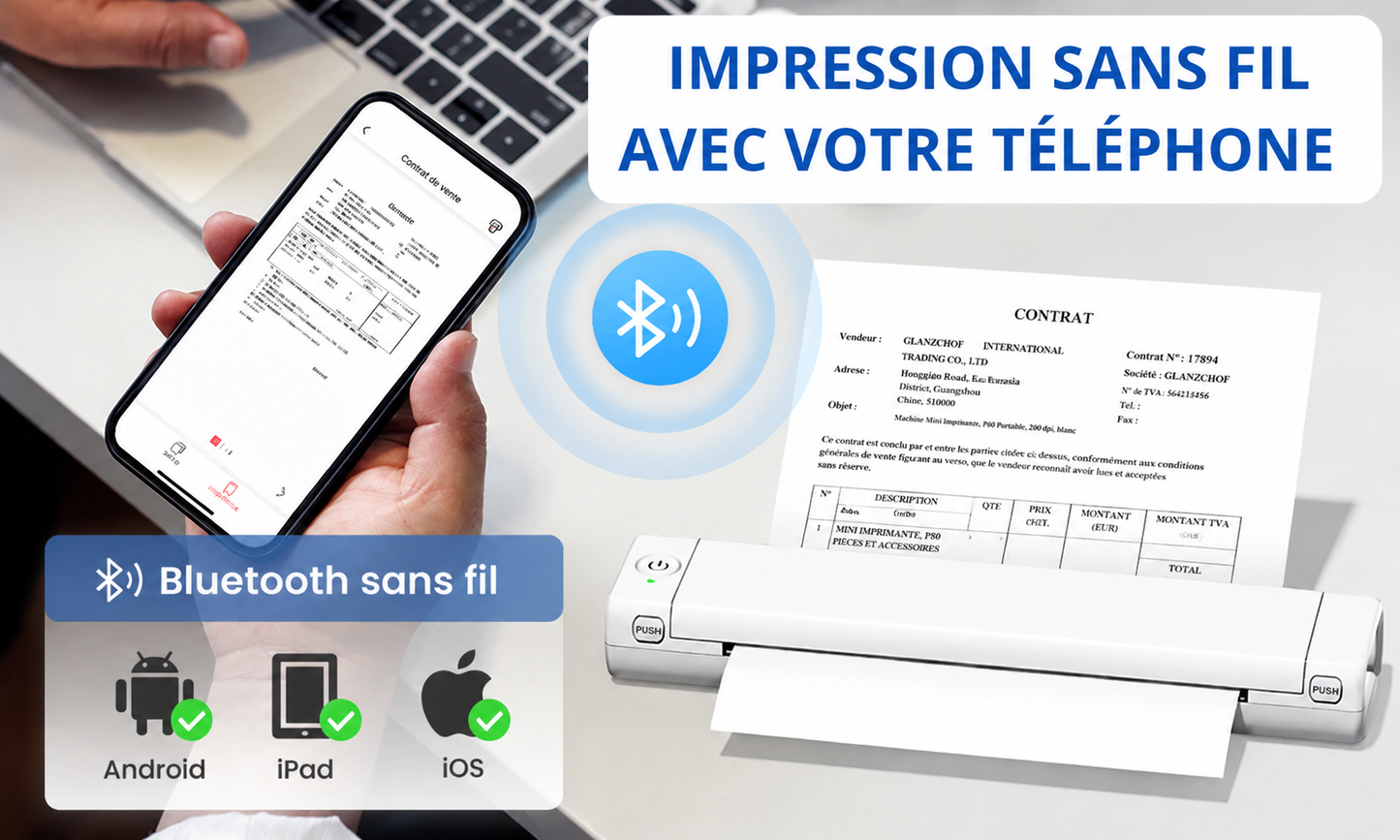 Imprimante thermique A4 Bluetooth sans encre – 200 feuilles incluses