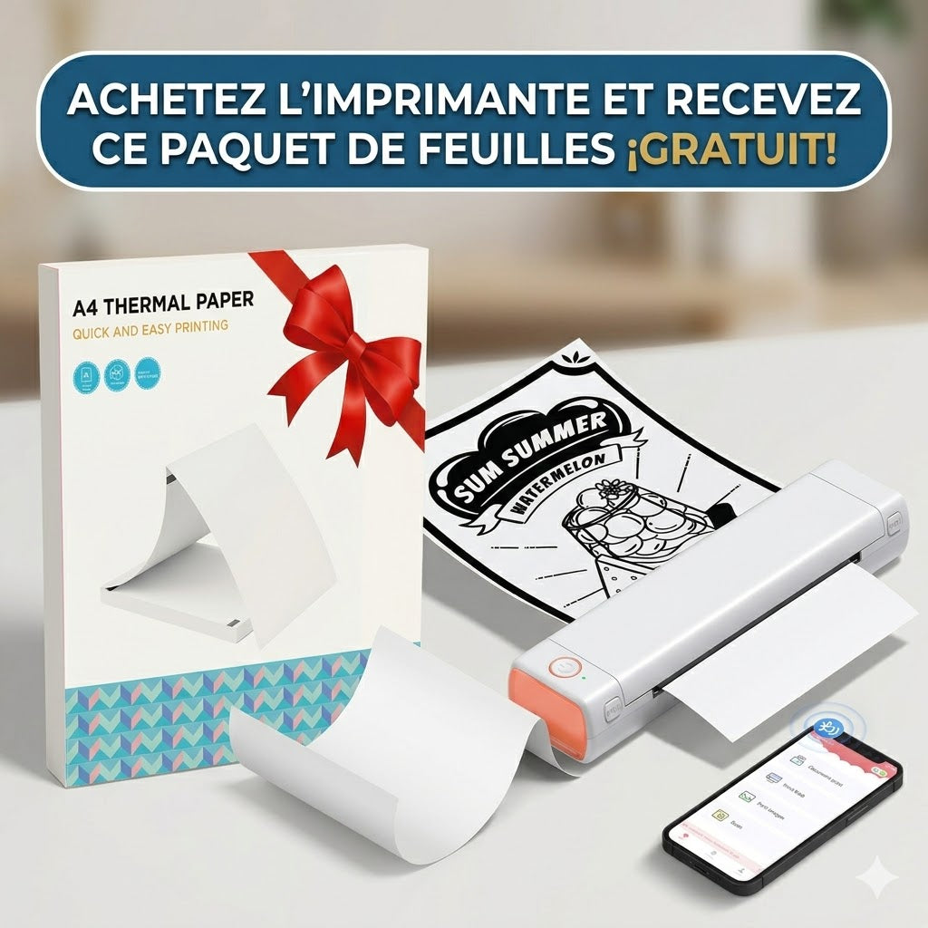 Imprimante thermique A4 Bluetooth sans encre – 200 feuilles incluses