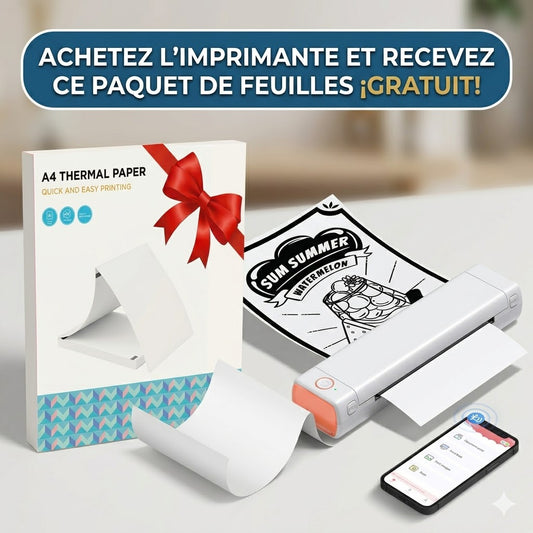 Imprimante thermique A4 Bluetooth sans encre – 200 feuilles incluses