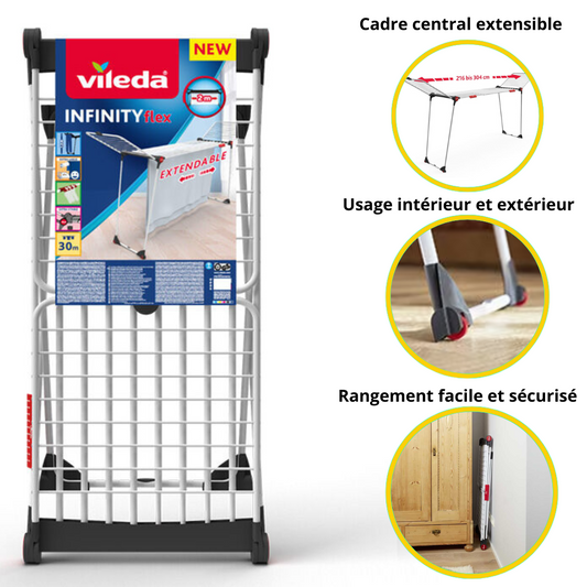 Séchoir d’intérieur Vileda Infinity Flex, Fils XXL de +2 mètres, Stable et Robuste, Transport Pratique, Avec Porte-Chaussettes